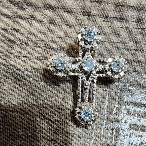 Vintage Jewelry - Blue Topaz Cross, Sterling Silver Sky Blue Topaz Dainty Religious Cross